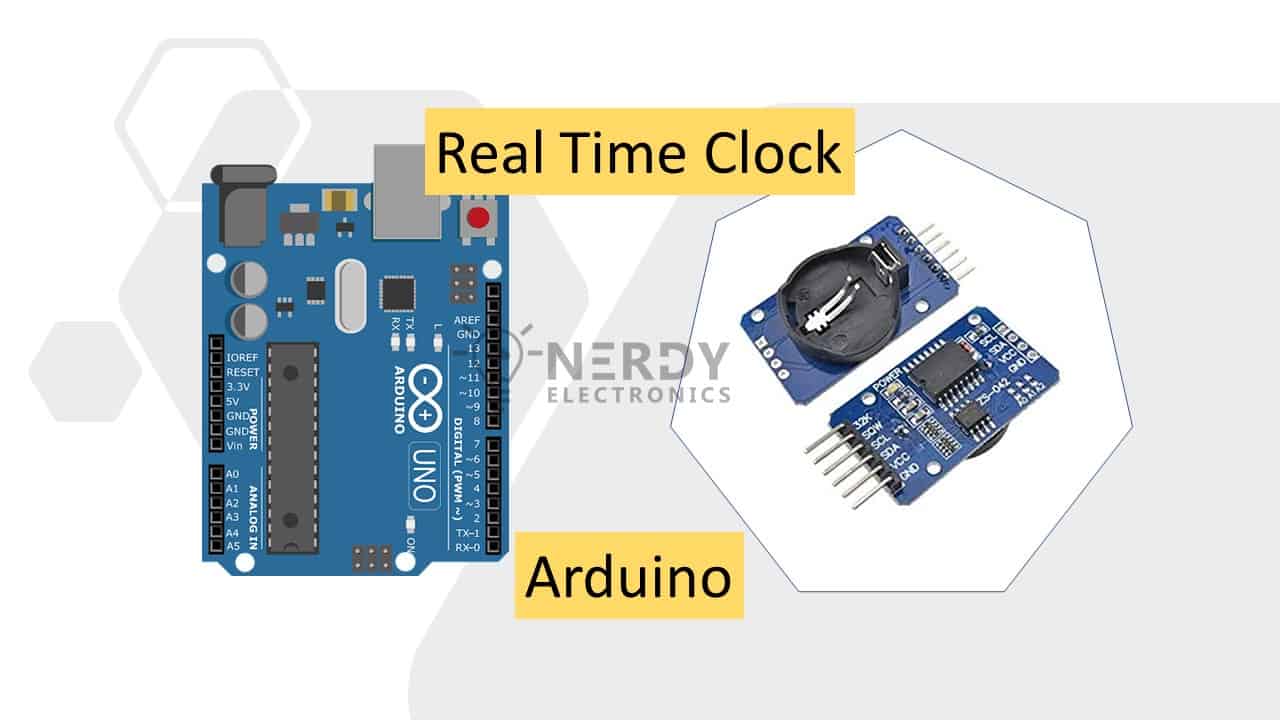 Featured image for RTC with Arduino tutorial showing Arduino Uno board alongside DS3231 and DS1307 real time clock modules with coin cell battery backup and NerdyElectronics watermark