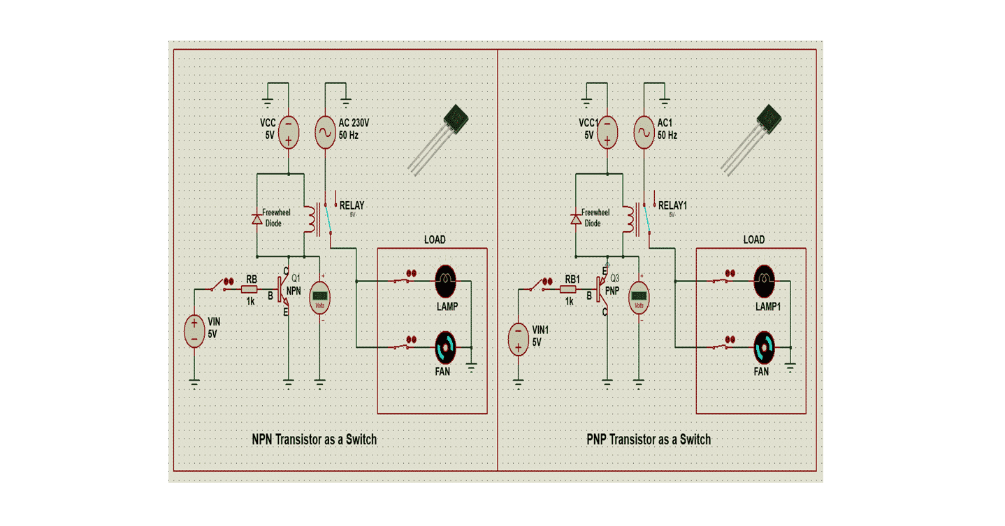 Side-by-side Proteus simulation of NPN and PNP transistor switch circuits in off state with no power applied, showing the relay contacts open and lamp and fan loads disconnected
