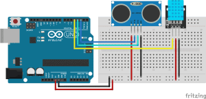 Arduino Uno breadboard wiring diagram connecting HC-SR04 ultrasonic sensor and DHT11 temperature humidity sensor for temperature-compensated distance measurement