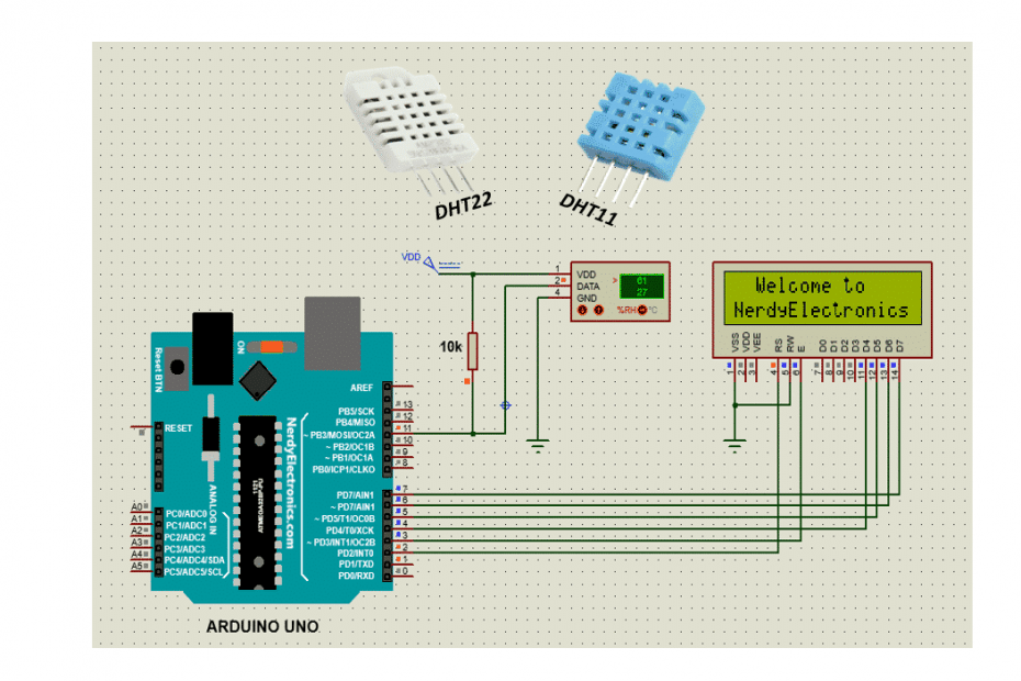 Arduino Uno wiring diagram for DHT22 and DHT11 temperature humidity sensors with 10k pull-up resistor and 16x2 LCD display showing readings