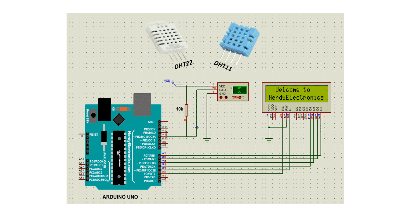 Arduino Uno wiring diagram for DHT22 and DHT11 temperature humidity sensors with 10k pull-up resistor and 16x2 LCD display showing readings