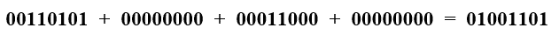 DHT sensor binary data checksum verification showing 8-bit addition of four data bytes 00110101 plus 00000000 plus 00011000 plus 00000000 equals checksum 01001101