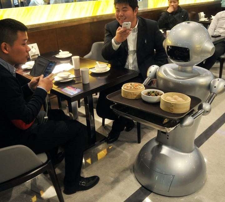 Restaurant serving robot carrying food trays on a tray to customers, demonstrating a real-world application of line follower robot technology in food service automation