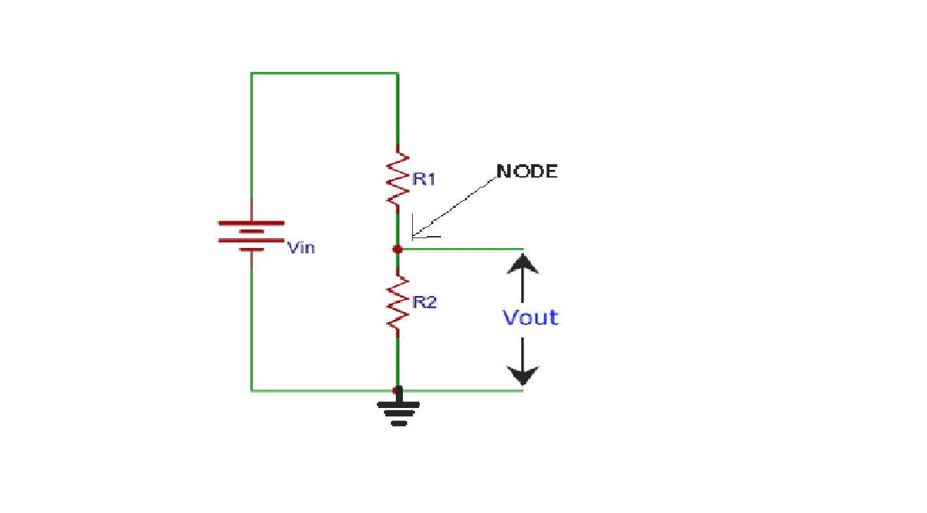 Voltage divider circuit with input voltage Vin across two series resistors R1 and R2, output voltage Vout measured at the no…