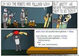Comic strip about C programming pitfall showing robots attacking humans due to a bug where assignment operator equals is used instead of comparison operator double equals in isCrazyMurderingRobot check