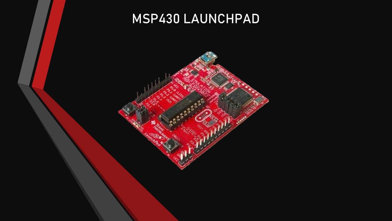 Texas Instruments MSP430 LaunchPad development board close-up photo showing the red PCB with MSP430 microcontroller, GPIO pin headers, LEDs, push buttons, and USB connector
