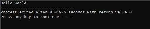 Console output showing Hello World program result with process exited after 0.01975 seconds with return value 0 and Press any key to continue prompt