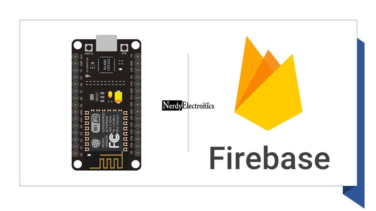 Google Firebase and NodeMCU - Control LED Featured image showing NodeMCU ESP8266 development board alongside Google Firebase logo with NerdyElectronics watermark for the Firebase LED control tutorial