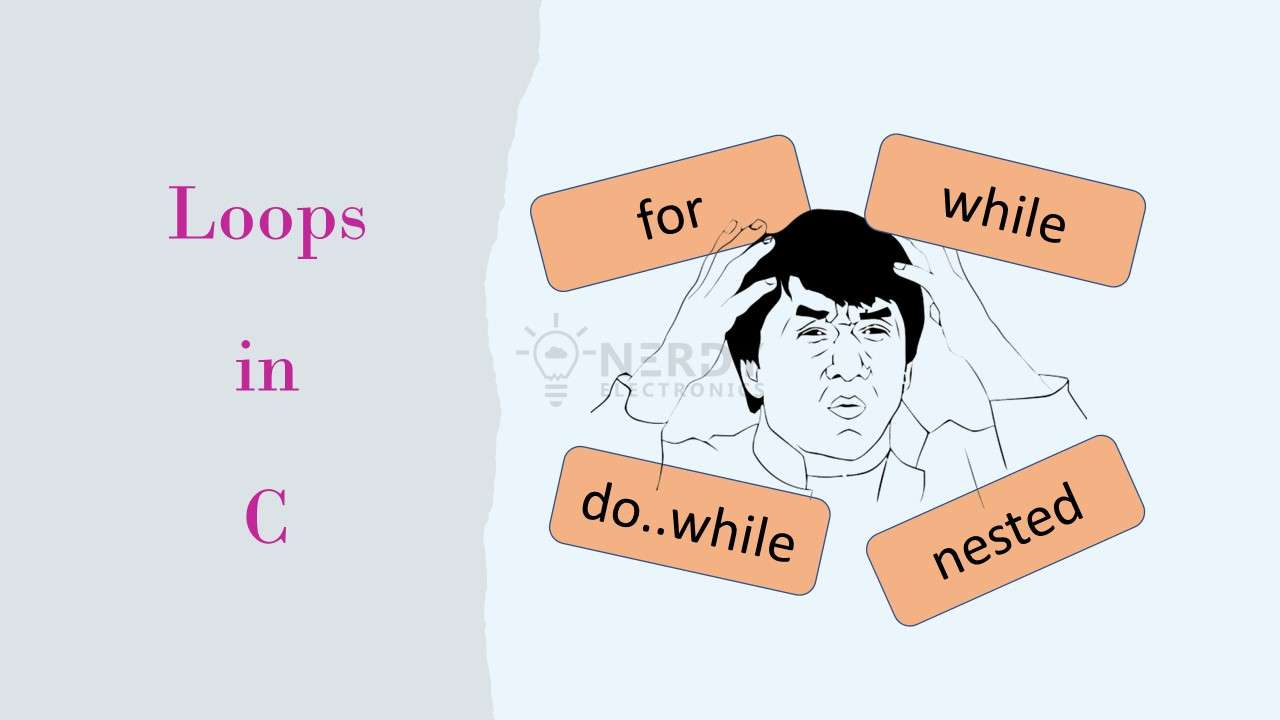 Loops in C Loops in C programming featured image showing for, while, do-while, and nested loop types with a confused programmer illustration by NerdyElectronics