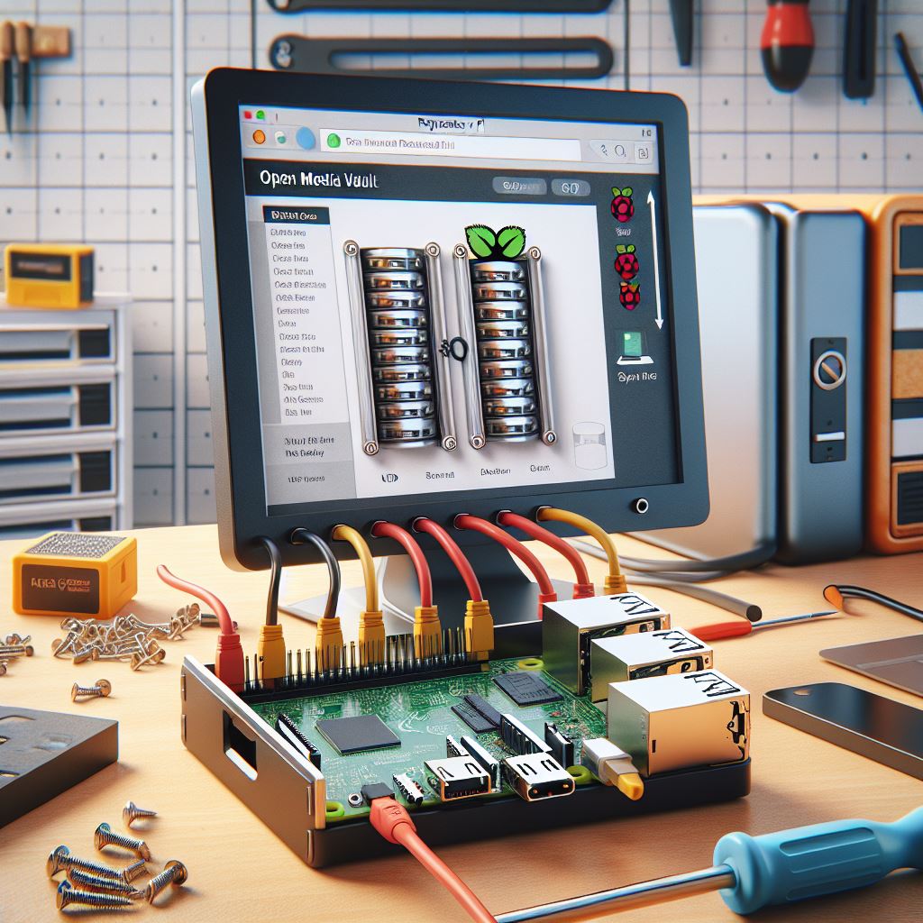 Build Your own Network Attached Storage on Rasbperry Pi using Open Media Vault Raspberry Pi connected to monitor displaying Open Media Vault interface with battery modules and GPIO cables on workbench