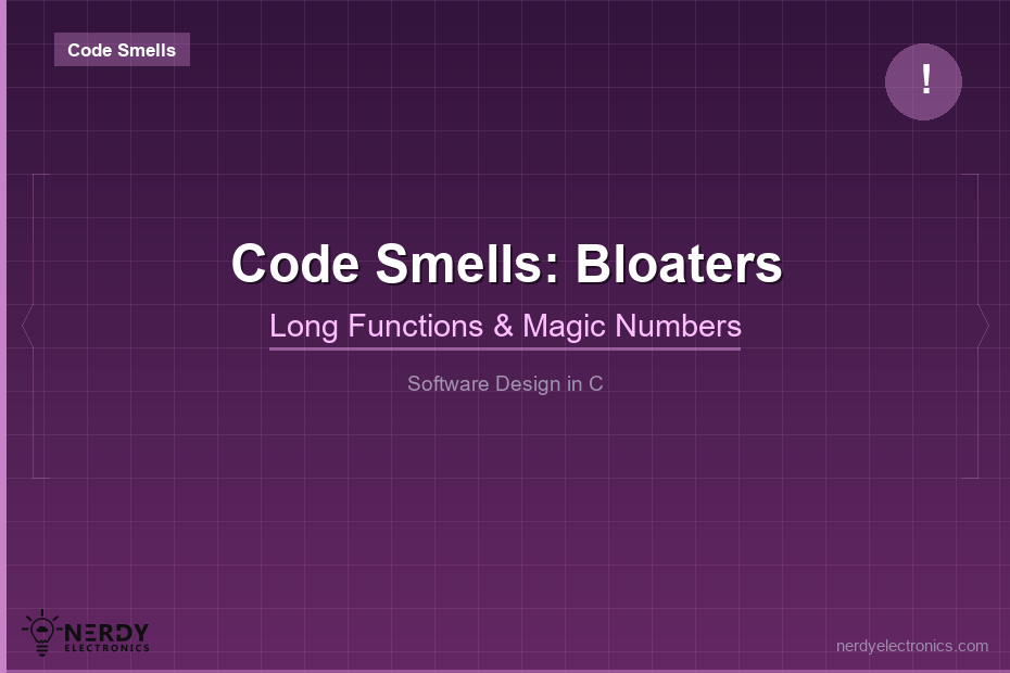 Code Smells Bloaters featured image with dark purple background, Code Smells badge, exclamation icon, Long Functions and Magic Numbers subtitle in the Software Design in C series