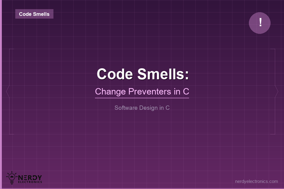 Code Smells Change Preventers featured image with dark purple background, Code Smells badge, exclamation icon, Change Preventers in C subtitle in the Software Design in C series
