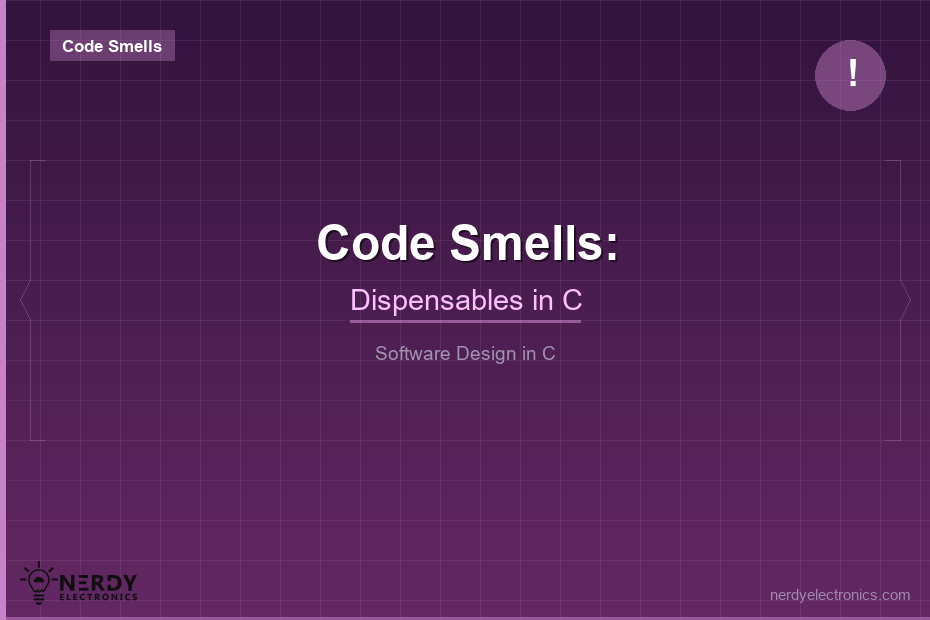 Code Smells Dispensables featured image with dark purple background, Code Smells badge, exclamation icon, Dispensables in C subtitle in the Software Design in C series