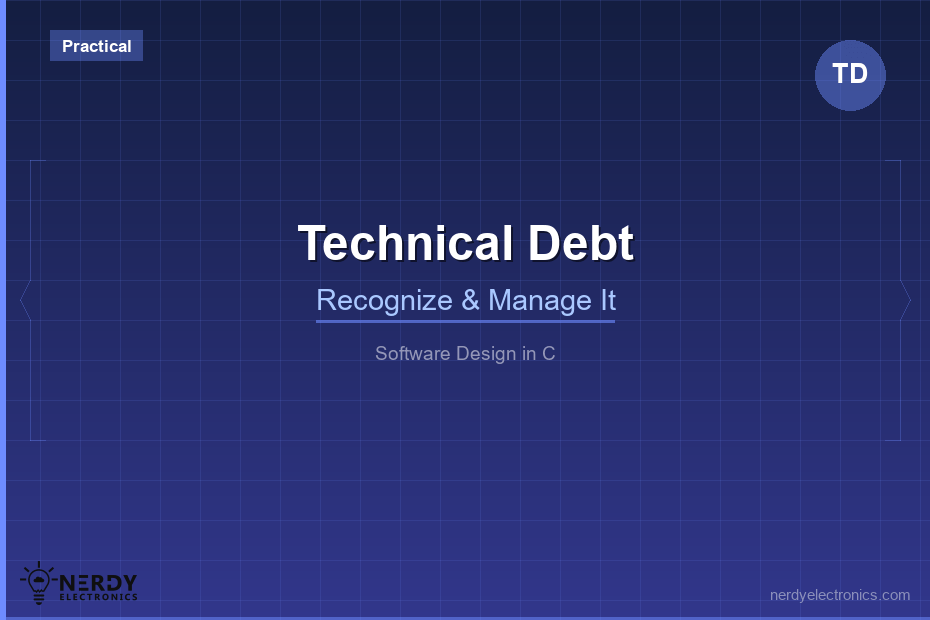 Understanding Technical Debt — With C Examples Technical Debt featured image with purple background, Practical badge, TD icon, Recognize and Manage It subtitle in the Software Design in C series by NerdyElectronics