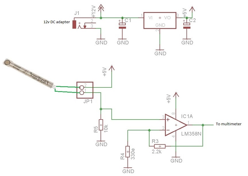 FlexiForce conditioning circuit schematic with LM358N op-amp and 2.2 kΩ feedback resistor