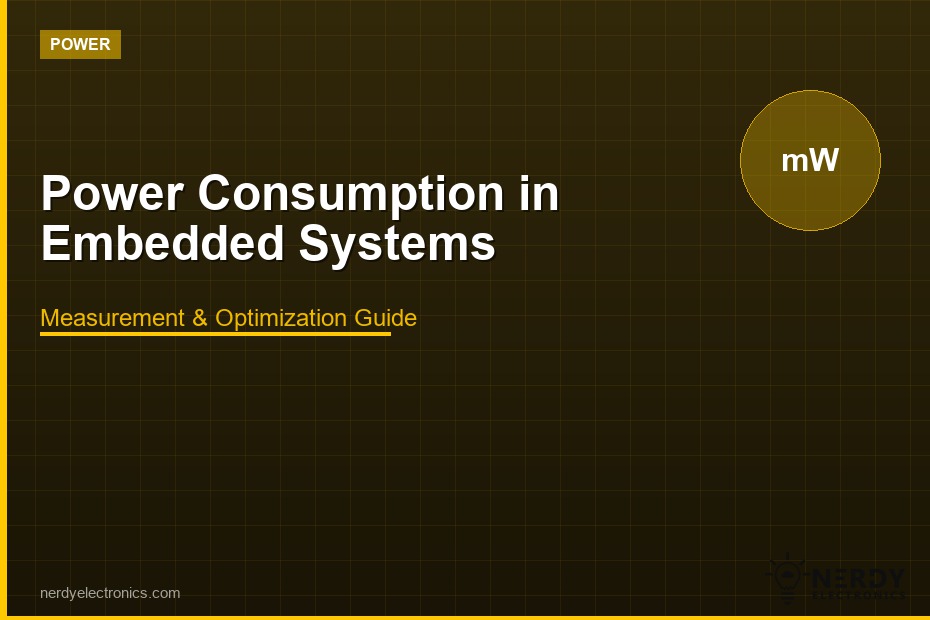 Power Consumption in Embedded Systems featured image with dark olive background, POWER badge, mW icon in gold circle, and Measurement and Optimization Guide subtitle by nerdyelectronics.com
